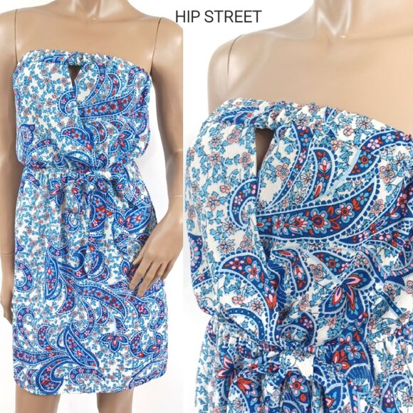 MONTEAU Strapless Fold-over Front Blouson Paisley Summer Mini Dress S - Picture 1 of 4